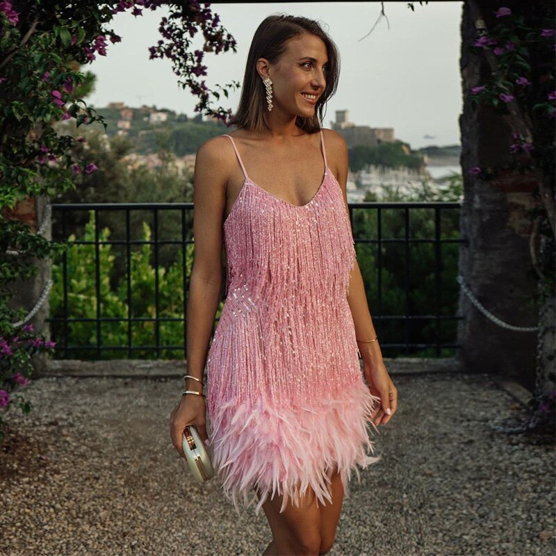Women's summer dress with feather hem and spaghetti straps 4