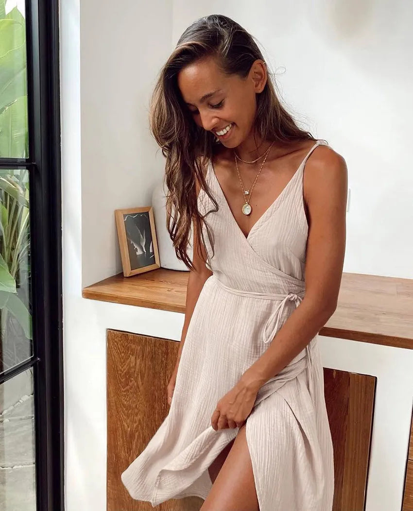 Women's summer dress with wrap front, V-neck and spaghetti straps 4