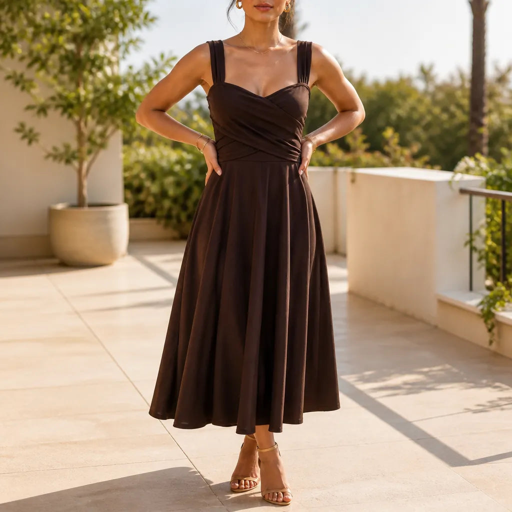 Women's sweetheart midi summer dress with ruched bodice and pockets 10