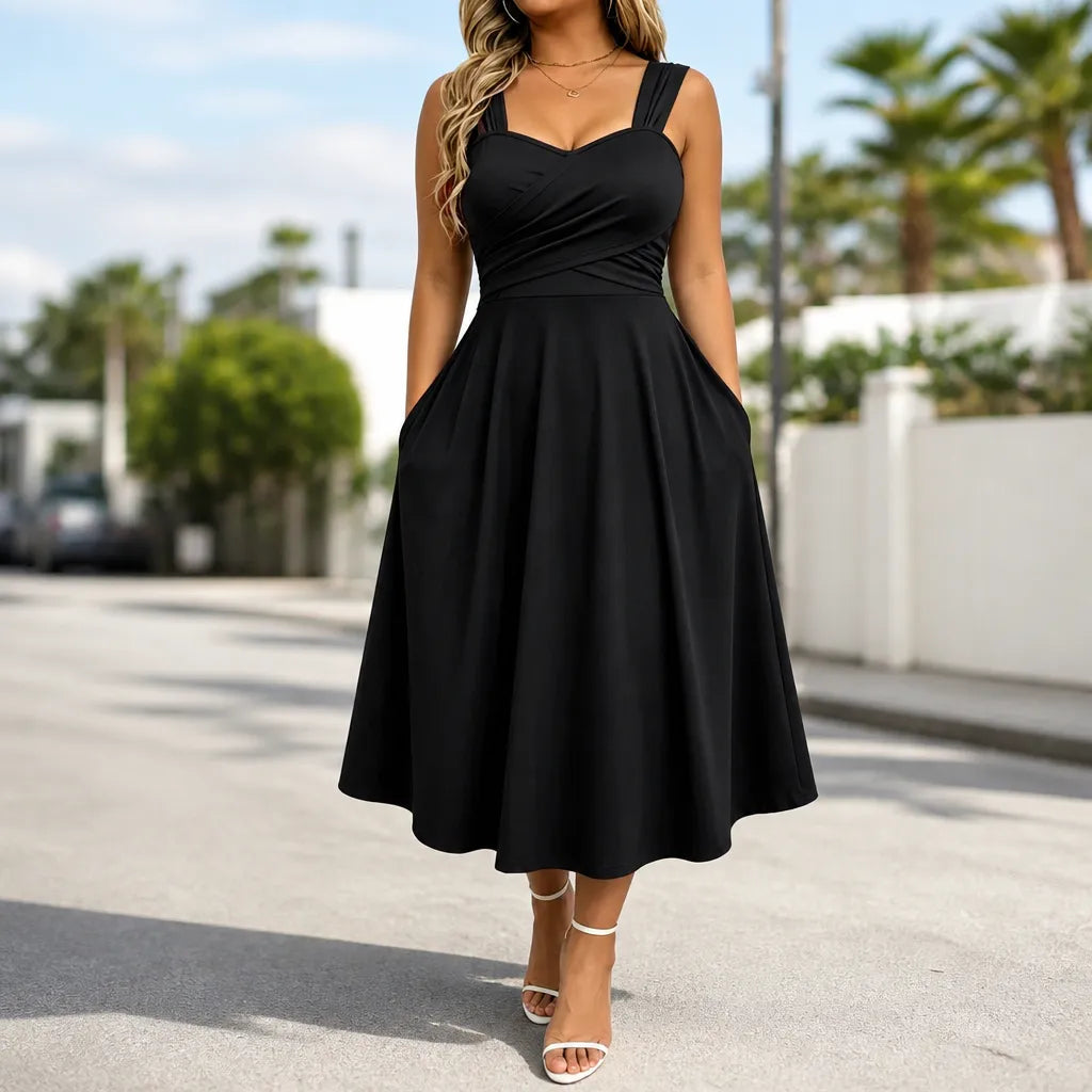 Women's sweetheart midi summer dress with ruched bodice and pockets 2