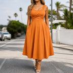 Women's sweetheart midi summer dress with ruched bodice and pockets 6