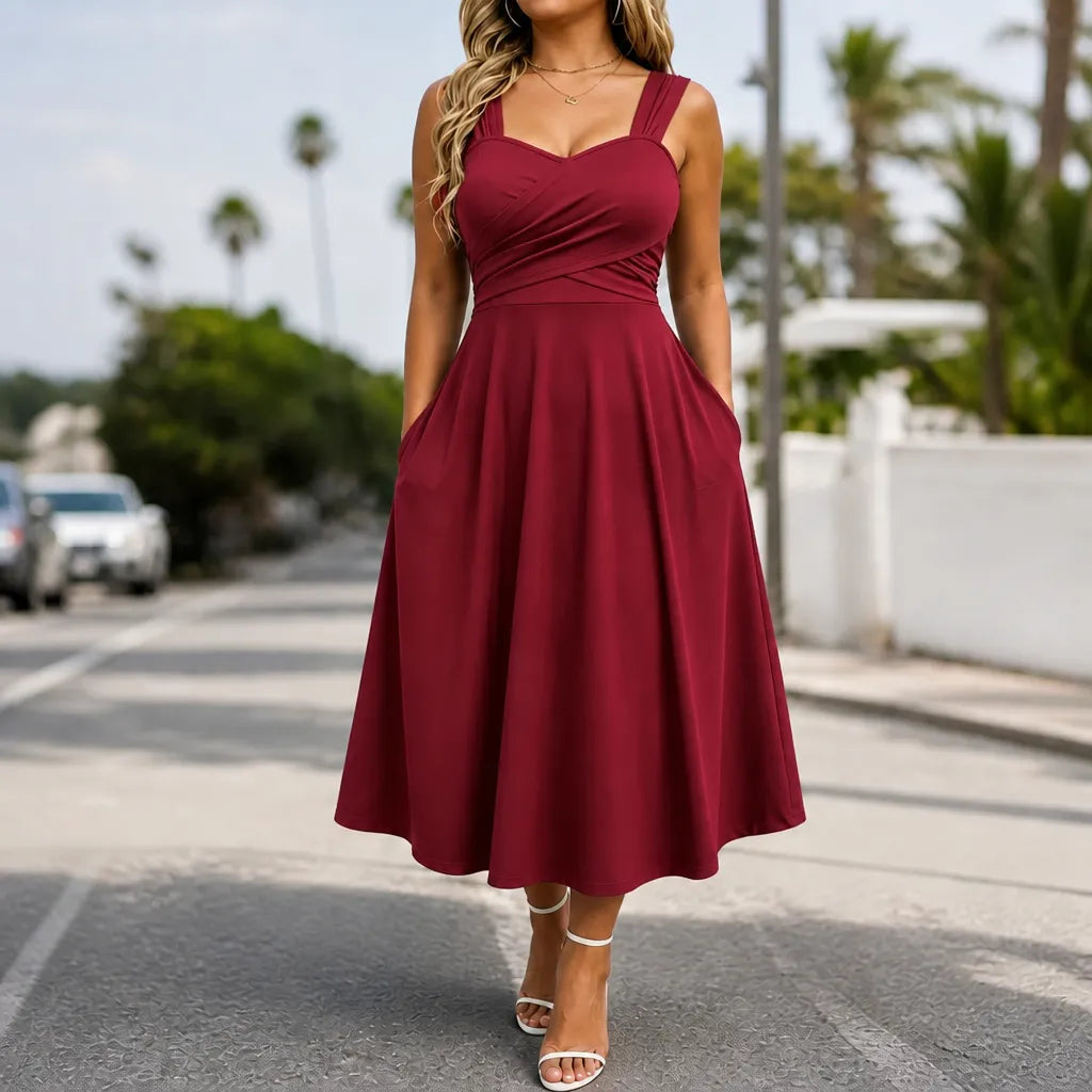 Women's sweetheart midi summer dress with ruched bodice and pockets 7
