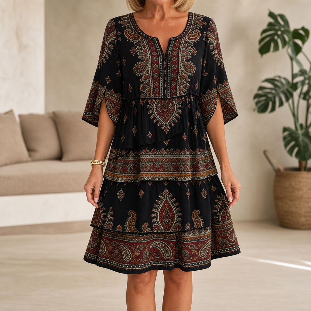 Women's tiered midi summer dress with paisley print and split sleeves 5