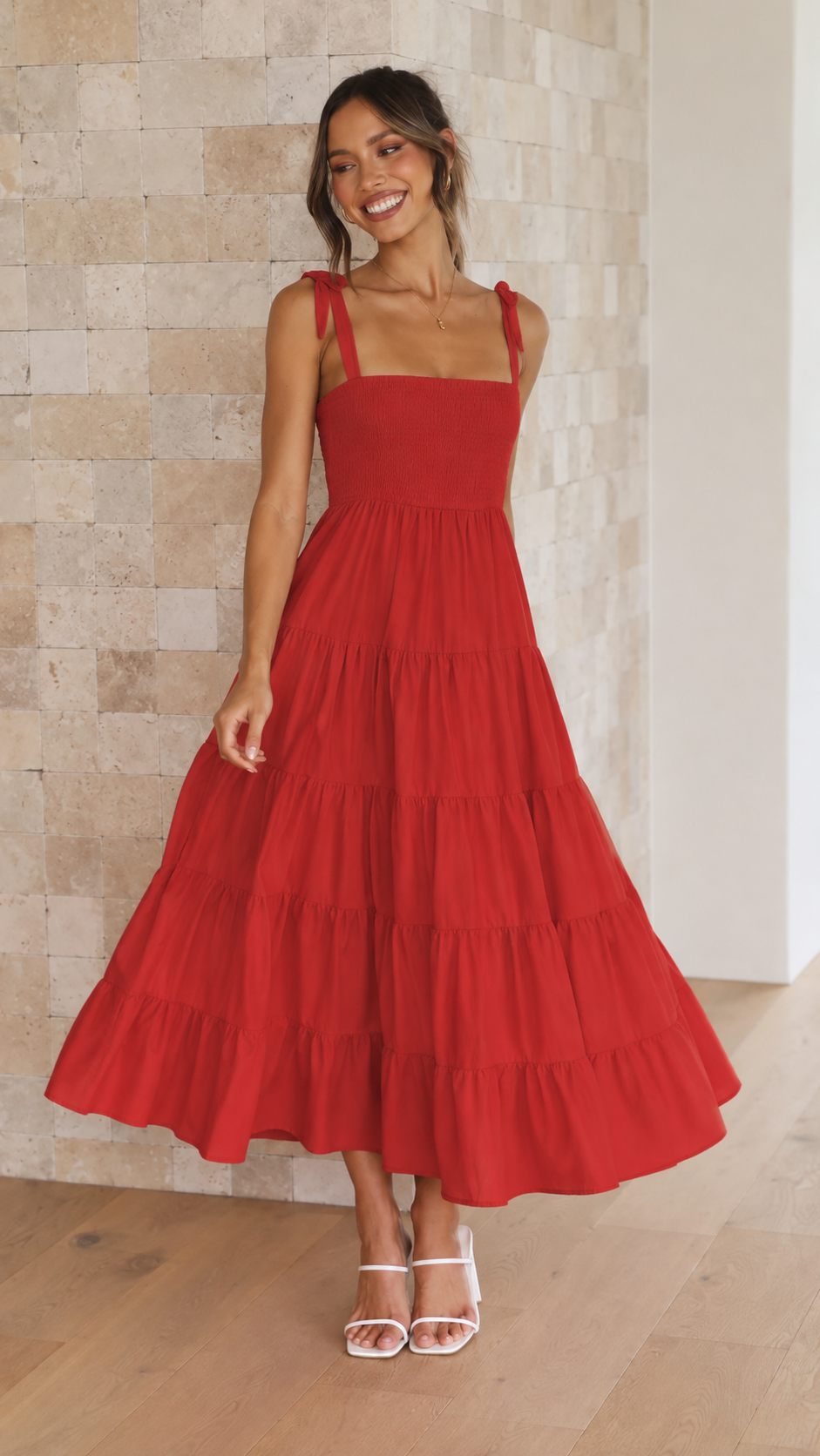 Women's tiered midi summer dress with square neck and tie straps 3