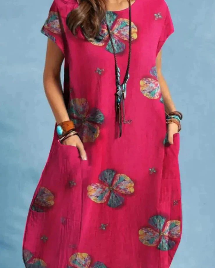 Women's vintage floral midi dress with round neck and short sleeves 1