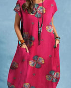 Women's vintage floral midi dress with round neck and short sleeves 1
