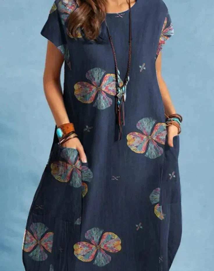 Women's vintage floral midi dress with round neck and short sleeves 2
