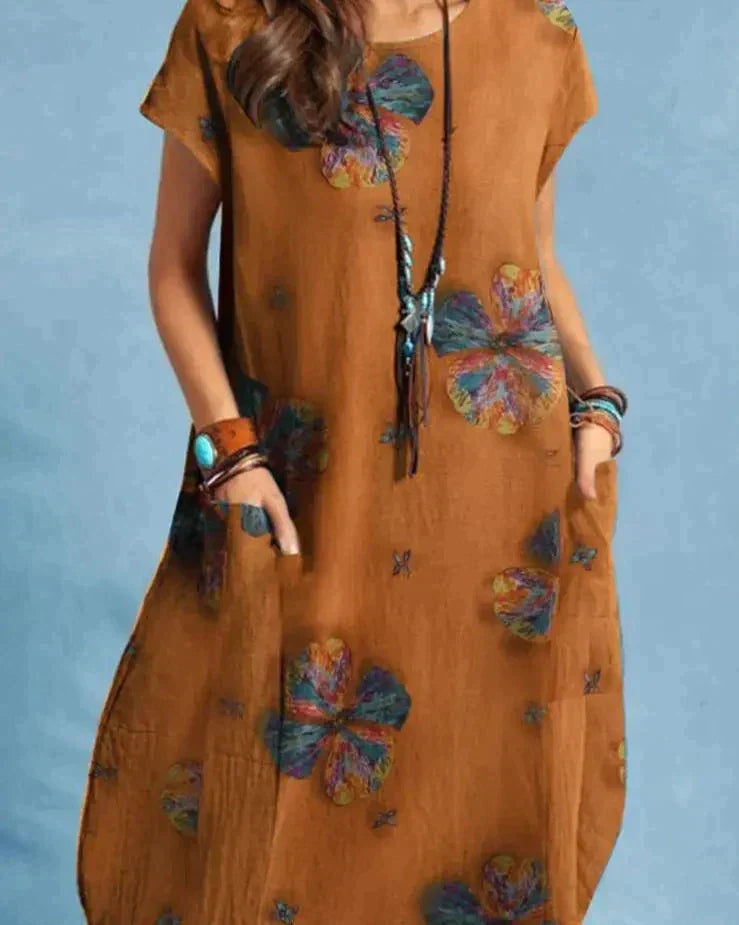 Women's vintage floral midi dress with round neck and short sleeves 3