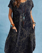 Women's vintage floral midi dress with round neck and short sleeves 4