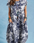 Women's vintage floral midi dress with round neck and short sleeves 5